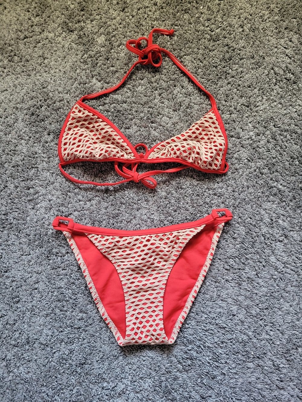 Red and Tan Mesh Bikini Set Size Small